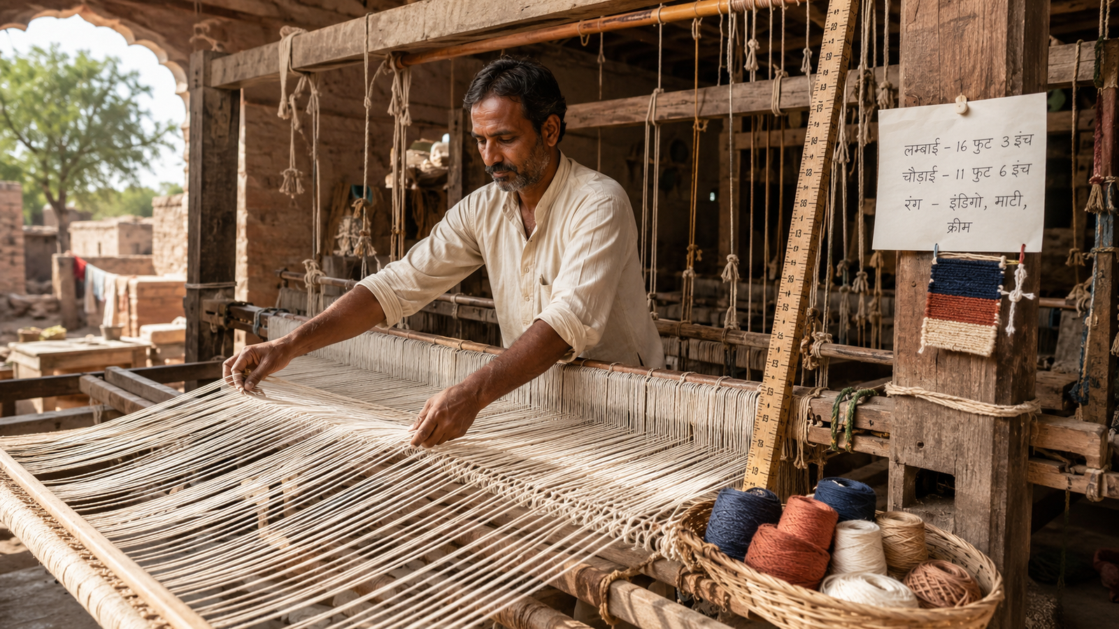 Artisan weaver adjusting loom warp threads to begin weaving a custom size handmade rug to exact specifications in Salawas Jodhpur
