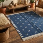 Handmade Modern Blue Wool Dhurrie Rug | Minimalist Flatweave Home Decor