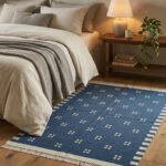 Handmade Modern Blue Wool Dhurrie Rug | Minimalist Flatweave Home Decor - Image 2
