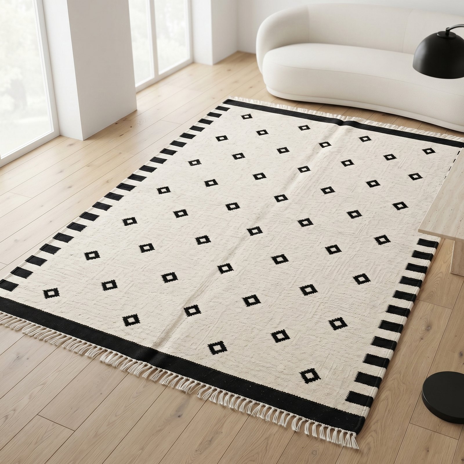 Flat Woven Modern Black And White Cotton Dhurrie Rug - BLACK001 (18) Handwoven Wool Area Rug Black & White | Modern Flatweave Dhurrie Carpet for Home Decor - Image 1