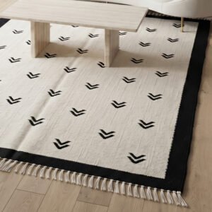 Handwoven Wool Area Rug Beige & Black | Modern Flatweave Dhurrie Carpet for Home Decor