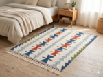 Modern Wool Dhurrie Rug | Blue & Brown Handwoven Flatweave Area Rug for Home