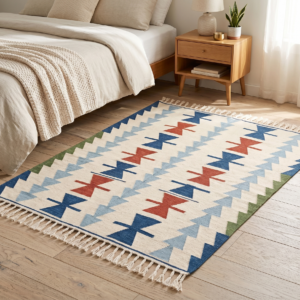 Modern Wool Dhurrie Rug | Blue & Brown Handwoven Flatweave Area Rug for Home