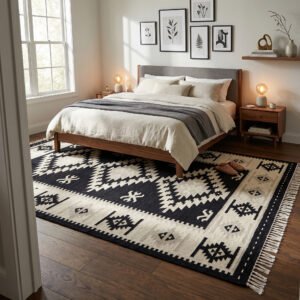 Modern Handwoven Rug | Black & Grey Wool Flatweave Decor