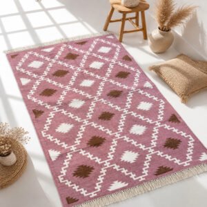 Handwoven Wool Dhurrie Rug | Pink Modern Flatweave Home Decor