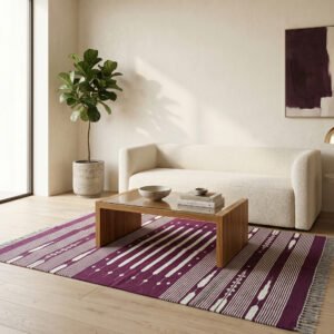 Handmade Cotton Maroon & Ivory  Dhurrie Rug Modern Flatweave Living Room Area Rug