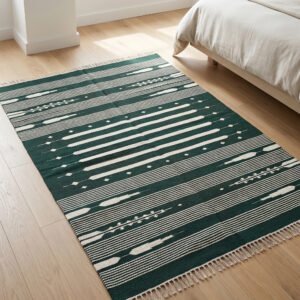 Handwoven Cotton Green Dhurrie Rug Modern Indoor Area Carpet