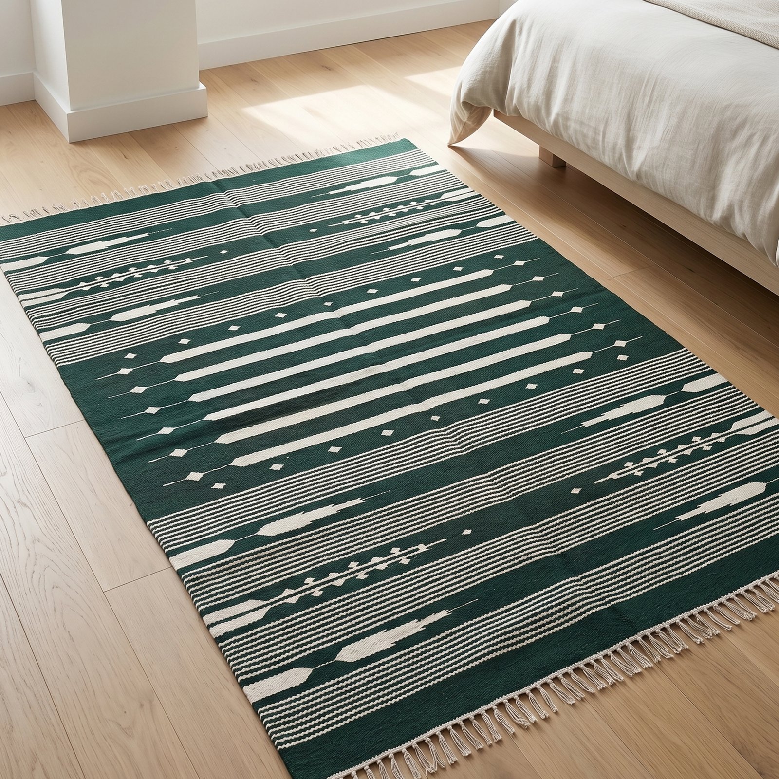 Handmade Stripes Design Cotton Flat Woven Dhurrie Rug - USA Decor Rug Modern Living (29) Handwoven Cotton Green Dhurrie Rug Modern Indoor Area Carpet - Image 1