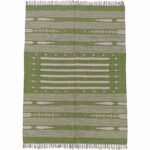 Handmade Cotton Green Dhurrie Rug Modern Minimalist Flatweave Carpet - Image 4