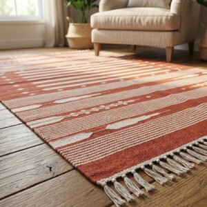 Handwoven Cotton Orange Dhurrie Rug Modern Flatweave Area Rug Handmade Carpet