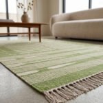Handmade Cotton Green Dhurrie Rug Modern Minimalist Flatweave Carpet - Image 3