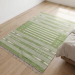 Handmade Cotton Green Dhurrie Rug Modern Minimalist Flatweave Carpet