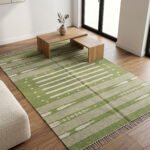 Handmade Cotton Green Dhurrie Rug Modern Minimalist Flatweave Carpet - Image 2