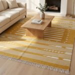 Handwoven Cotton Yellow Dhurrie Rug Modern Flatweave Home Decor Carpet
