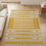 Handwoven Cotton Yellow Dhurrie Rug Modern Flatweave Home Decor Carpet - Image 2
