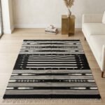 Handmade Cotton Black Dhurrie Area Rug Modern Flatweave Carpet