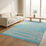 Handmade Cotton Area Carpet Blue Dhurrie Modern Flatweave Rug - Image 3