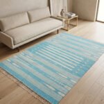 Handmade Cotton Area Carpet Blue Dhurrie Modern Flatweave Rug - Image 4