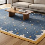 Handmade Blue Wool Dhurrie Rug | Modern Neutral Flatweave Area Rug | Custom Size