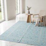 Handwoven Blue Wool Dhurrie Rug | Boho Modern Flatweave Area Carpet - Image 2