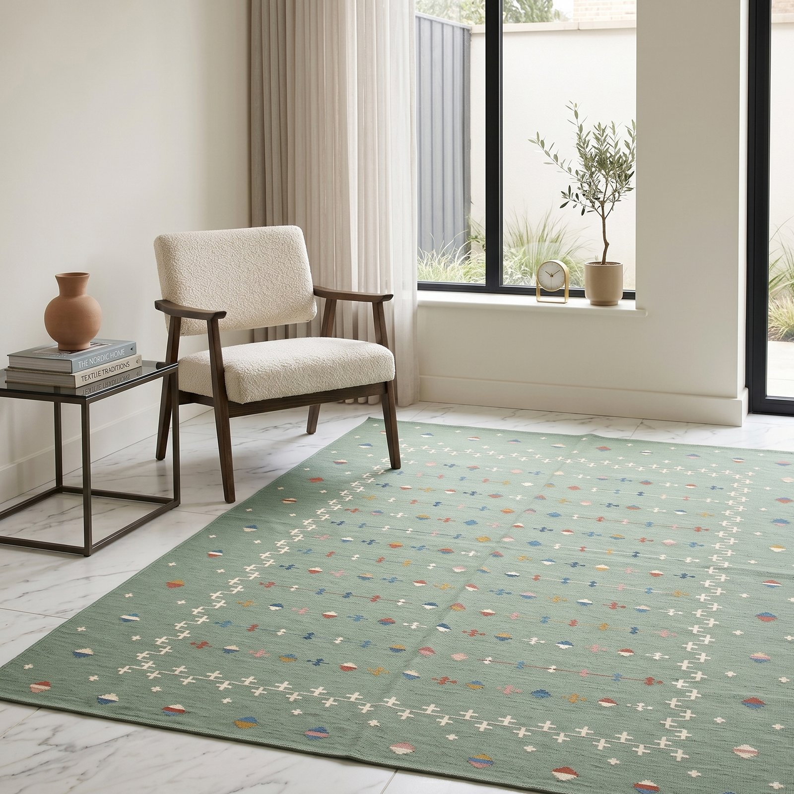 Handwoven Cotton Dhurrie Rug 12x15 feet custom cotton rugs (46) Handwoven Wool Flatweave Lite Green Rug | Simple Modern Home Decor - Image 1