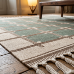 Handwoven Wool Beige & Lite Blue Dhurrie Rug | Modern Handmade Flatweave Area Rug - Image 2