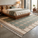 Handwoven Wool Beige & Lite Blue Dhurrie Rug | Modern Handmade Flatweave Area Rug