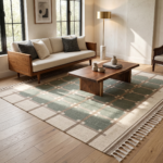 Handwoven Wool Beige & Lite Blue Dhurrie Rug | Modern Handmade Flatweave Area Rug - Image 3