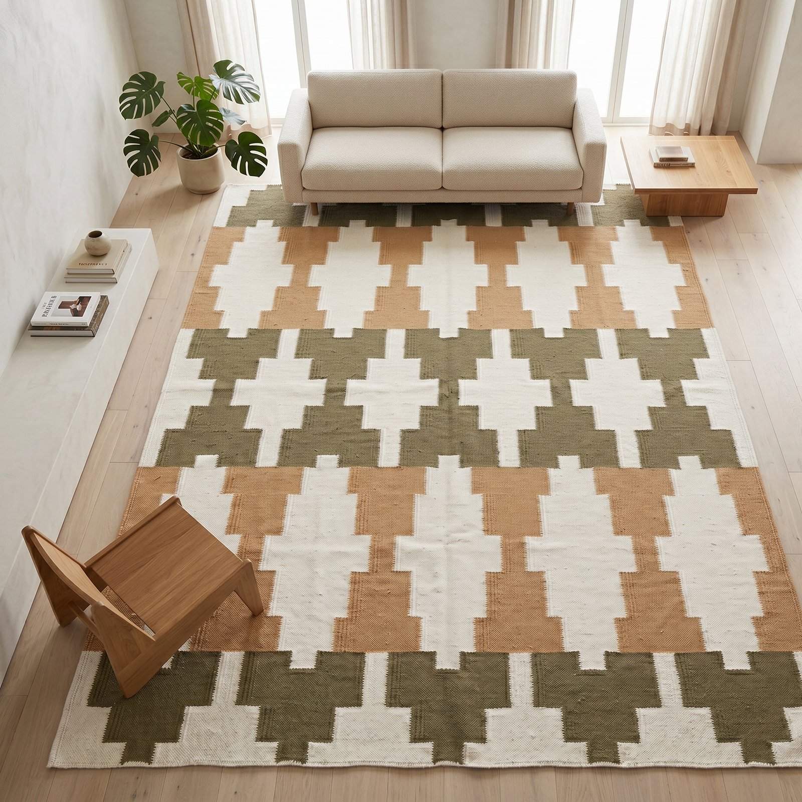 Handwoven Cotton Panja Dhurrie Rug from India - Zorwaa (59) Handwoven Wool Dhurrie Rug Wodden Brown & Green | Modern Handmade Flatweave Area Rug - Image 1