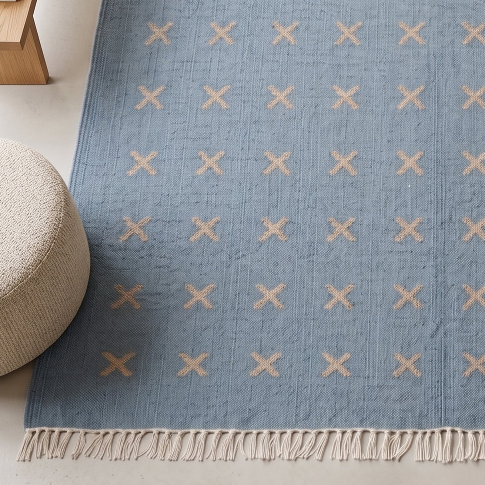 Handwoven Cotton Panja Dhurrie Rug from India - Zorwaa (6) Modern Wool Rug Blue | Handmade Scandinavian Flatweave Design - Image 1