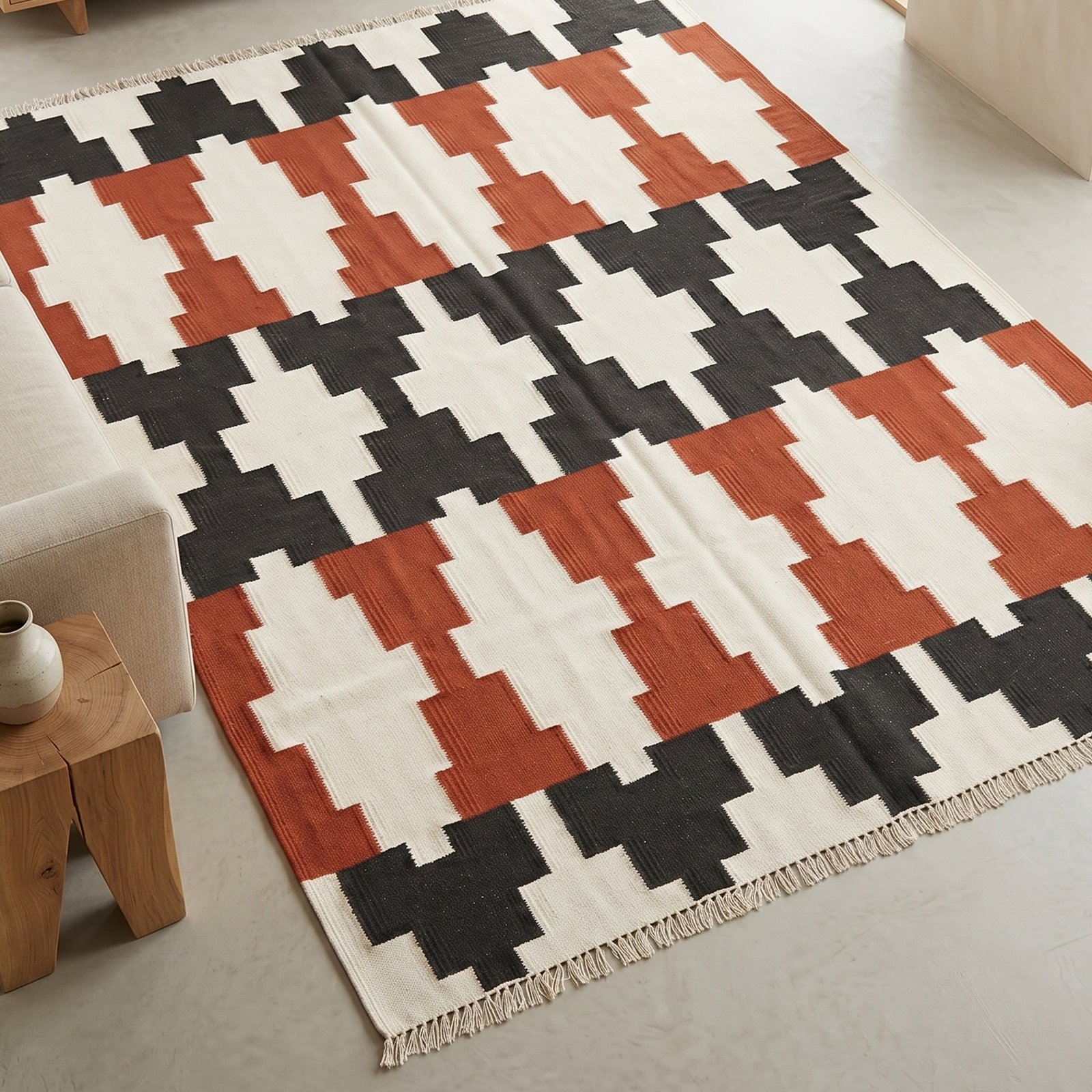 Handwoven Cotton Panja Dhurrie Rug from India - Zorwaa (62) Modern Handwoven Wool Area Rug Brown & Black | Handmade Dhurrie Flatweave Rug - Image 1