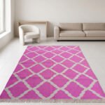 Handmade Wool Pink Carpet | Modern Flatweave Dhurrie Area Rug - Image 3