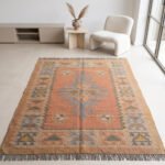 Modern Handwoven Wool Dhurrie Rug Dusty Pink & Blue | Flatweave Area Rug for Living Room - Image 2