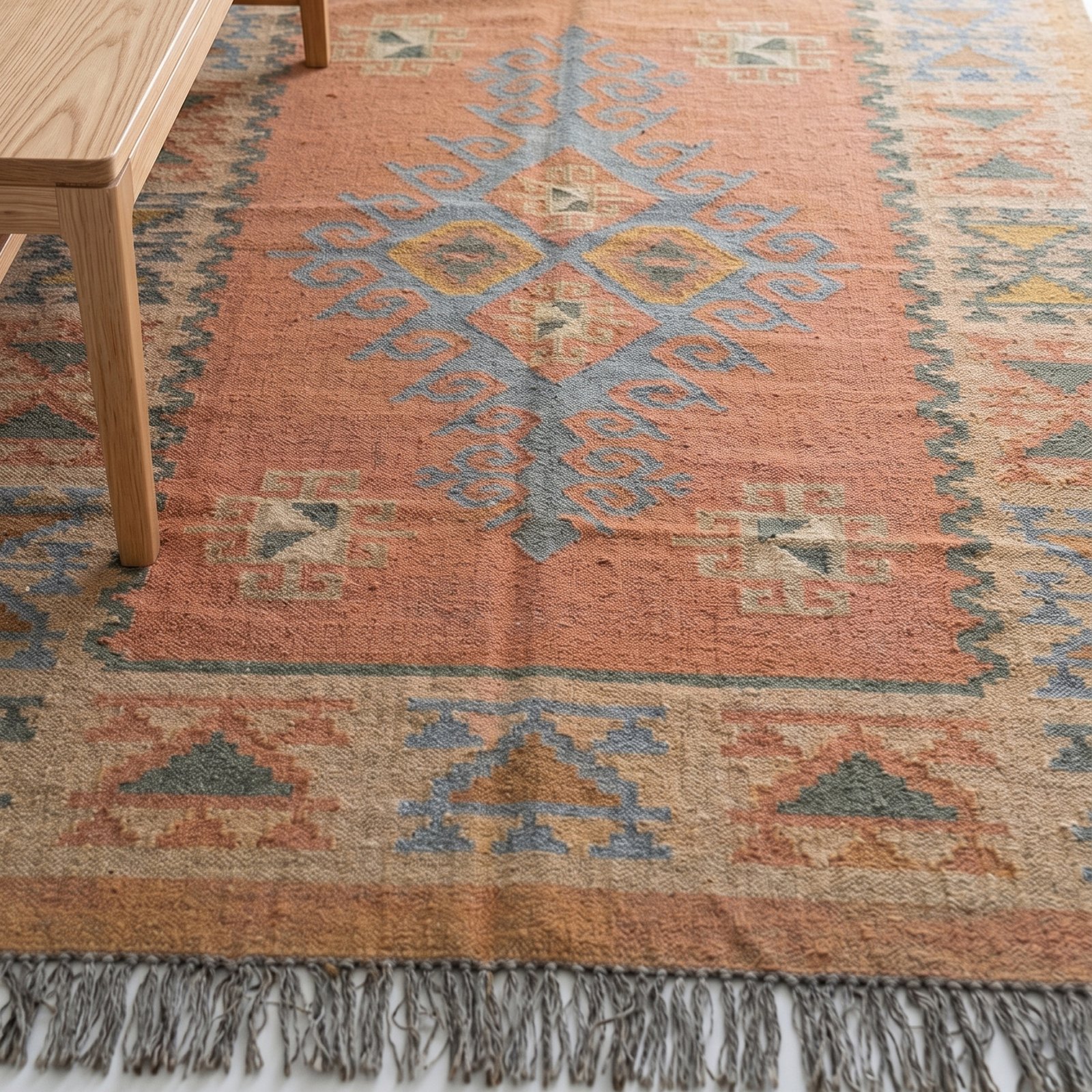 Handwoven Woolen Rug For Home Decor 9x12, 8x10, 5x8, 2x3 feet - www.zorwaa (158) Modern Handwoven Wool Dhurrie Rug Dusty Pink & Blue | Flatweave Area Rug for Living Room - Image 1