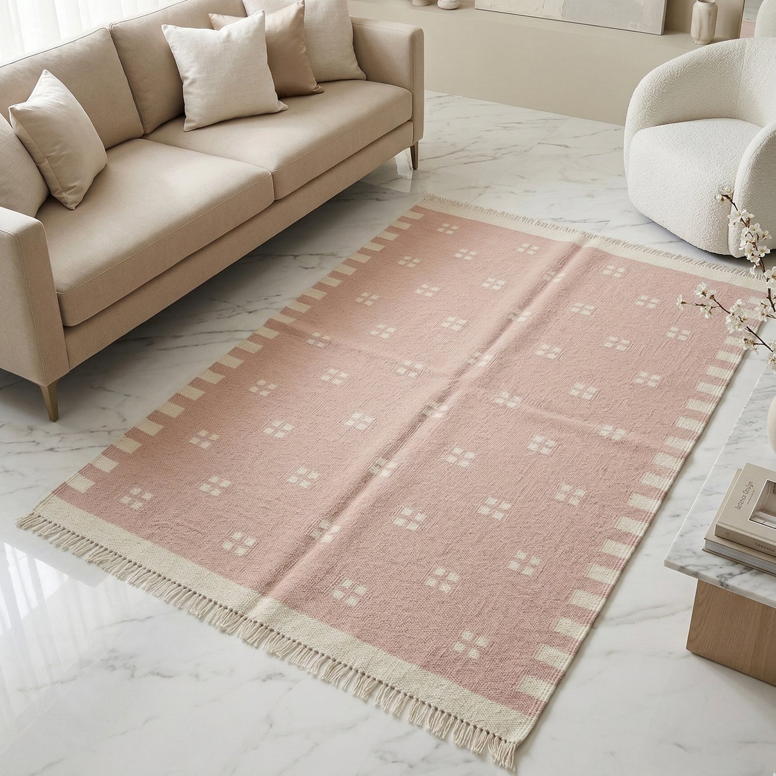 MODERN Woolen Rugs (19) Handwoven Wool Dhurrie Rug Pink | Quiet Luxury Flatweave for Modern Spaces - Image 1