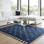 Modern Handwoven Wool Area Blue Rug | Handmade Dhurrie Flatweave Carpet - Image 3