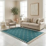 Handmade Wool Carpet Green | Modern Flatweave Dhurrie Area Rug - Image 3