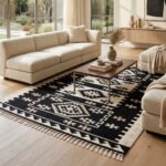 Handwoven Wool Area Rug Black | Handmade Neutral Home Decor - Image 2