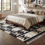 Handmade Wool Area Rug Beige & Black | Scandinavian Flatweave Dhurrie Rug - Image 4