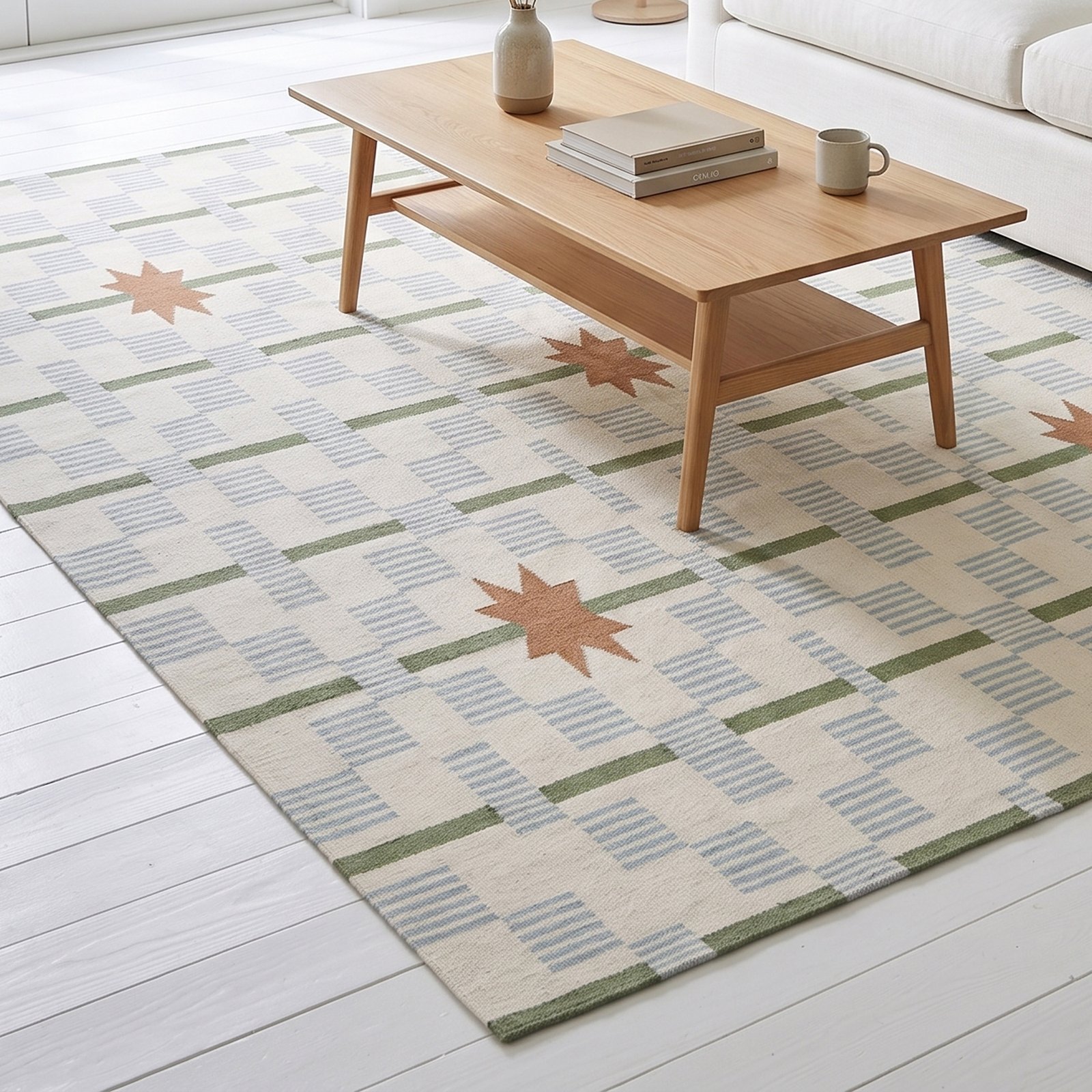 Star and Dash cotton handmade dhurrie rug (4) Handmade Wool Dhurrie Green & Brown | Contemporary Rug for Calm and Modern Interiors - Image 1