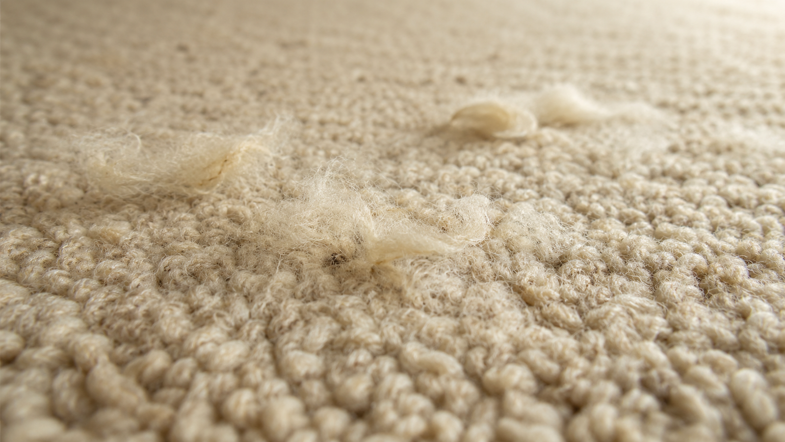 Close-up of a wool pile rug's natural fibre texture, showing loose strands that cause normal shedding