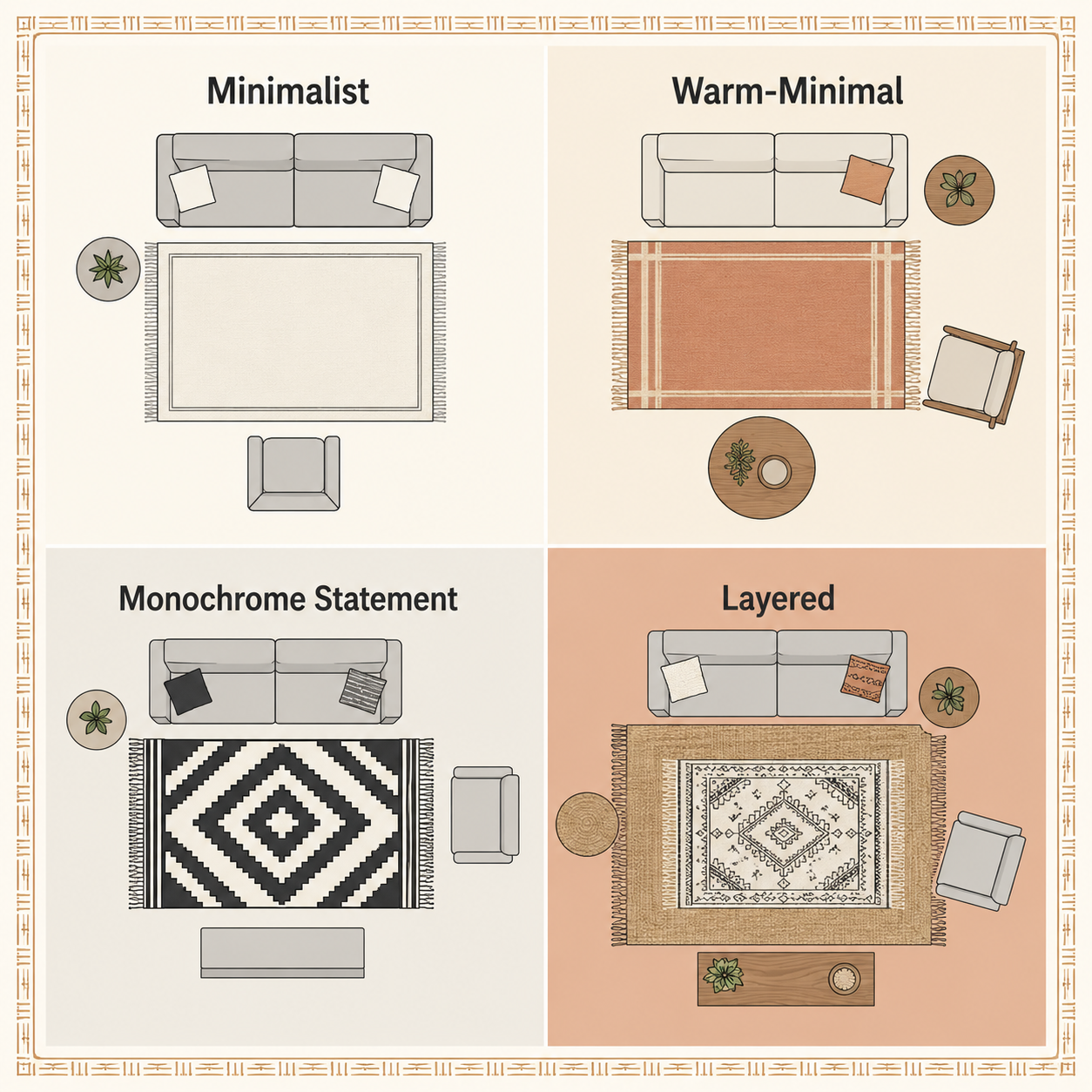 Infographic showing four ways to style a dhurrie rug in a modern home