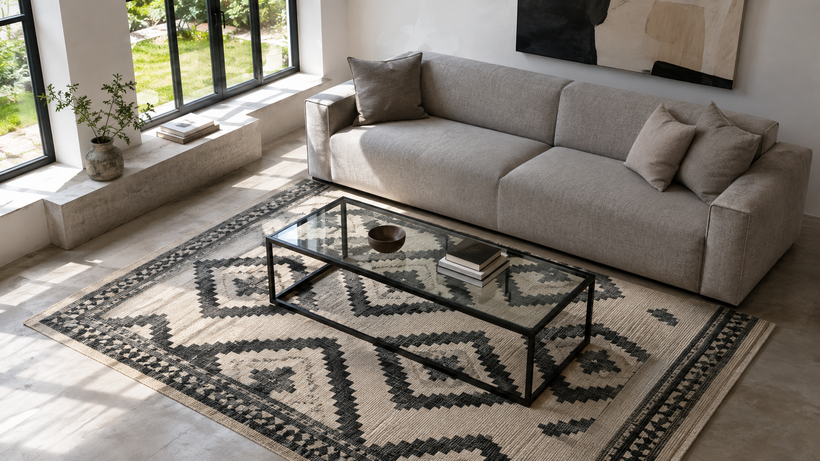 Geometric handwoven dhurrie rug styled in a minimalist modern living room
