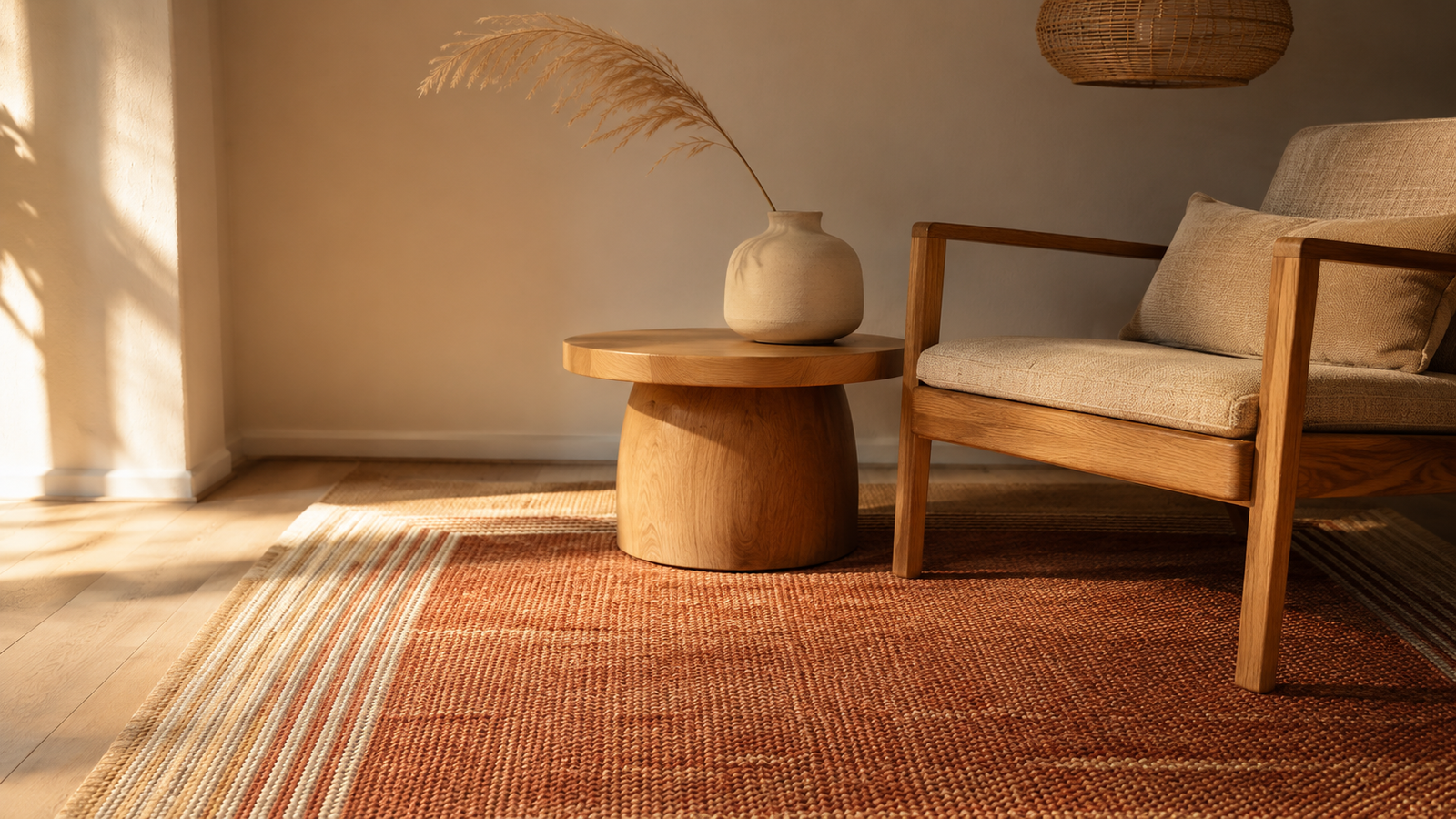 Terracotta wool dhurrie rug paired with light wood furniture in a warm minimal living room