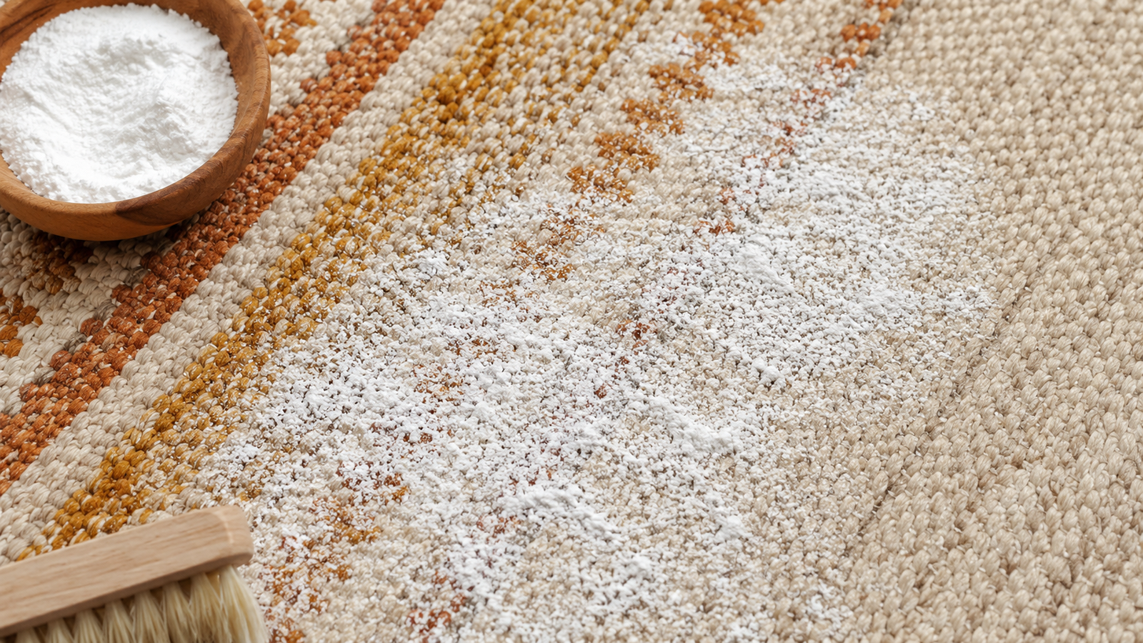 Baking soda being sprinkled on a handwoven dhurrie as a natural monsoon moisture treatment