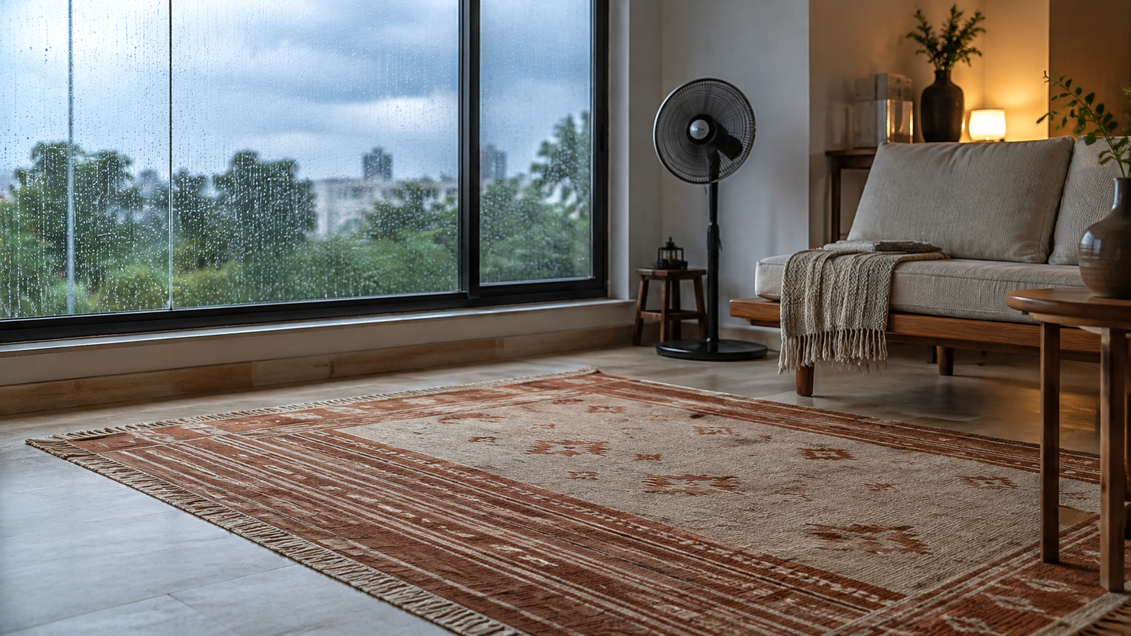Handwoven dhurrie rug in a living room during Indian monsoon, positioned away from a rain-streaked window