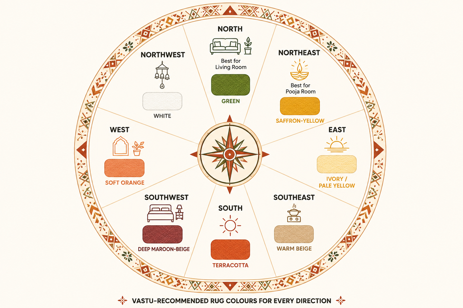 Infographic showing Vastu-recommended rug colours for each direction and room of the home