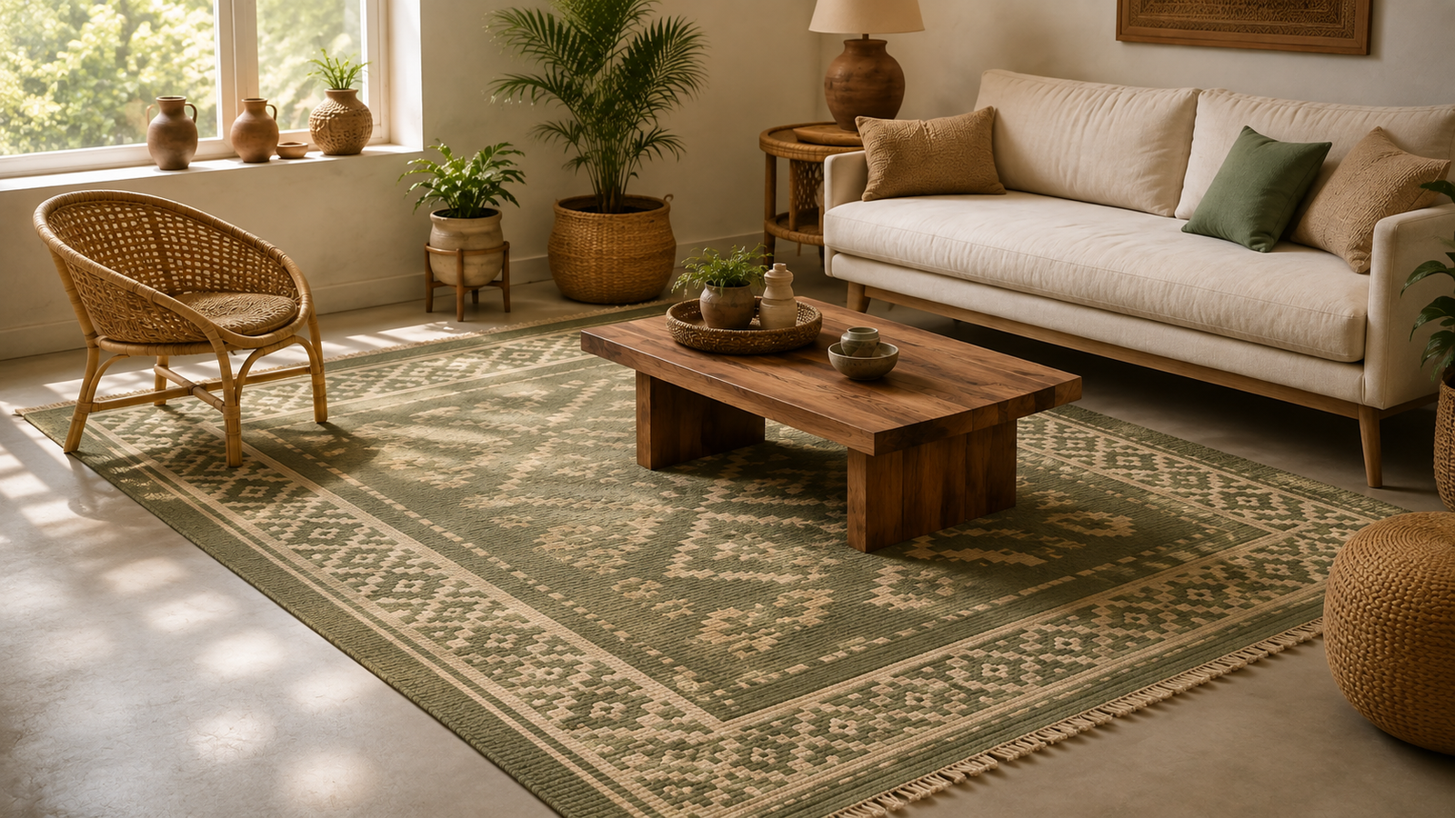 Vastu-friendly green and ivory handwoven dhurrie rug in a north-facing living room