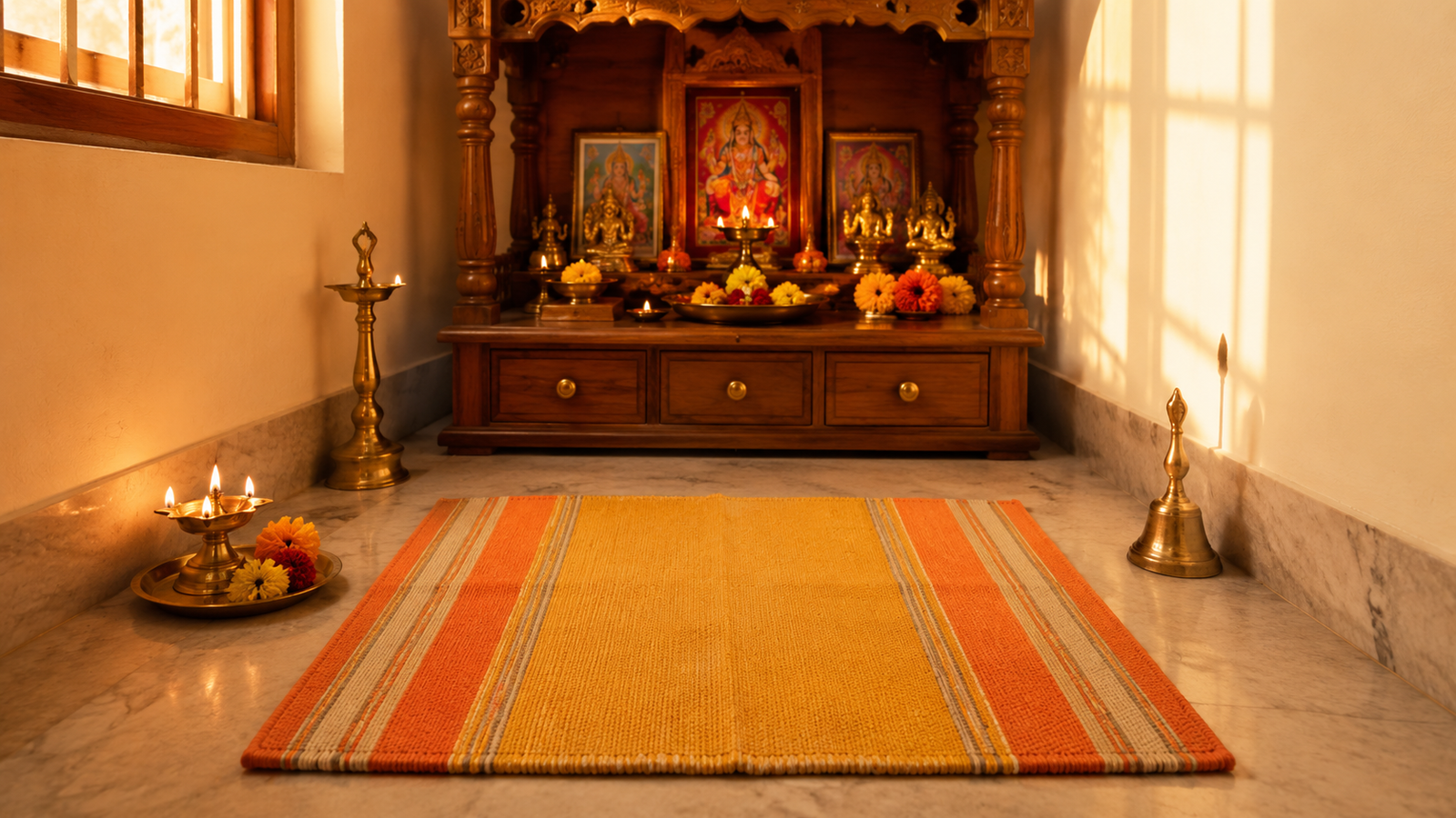 Small saffron and yellow natural fibre rug placed in a northeast-facing pooja room