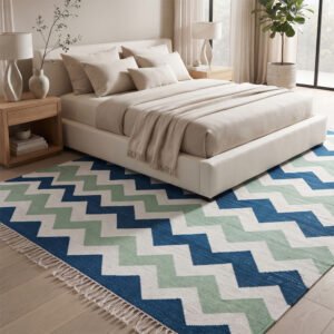 Modern Blue & Green Abstract Cotton Rug | Handcrafted Artistic Area Rug for Contemporary Interiors